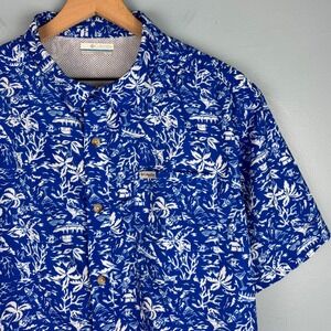 Columbia PFG Shirt Men's XL Blue Short Sleeve Button Up Vented Cocktails Palms